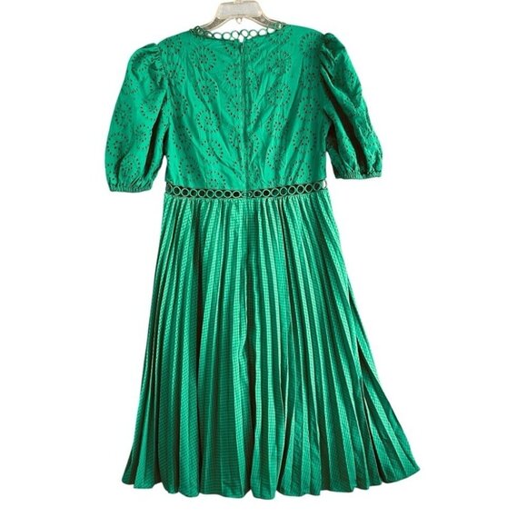 ASOS Broderie Pleated Midi Tea Dress Puff Sleeve Emerald Green Size 12 - Picture 2 of 12